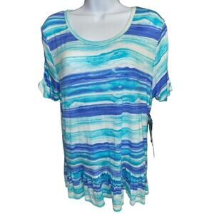 Onque Casual XL Top Charming Blue Striped Ruffles Comfy Soft Fabric Fancy Ruche